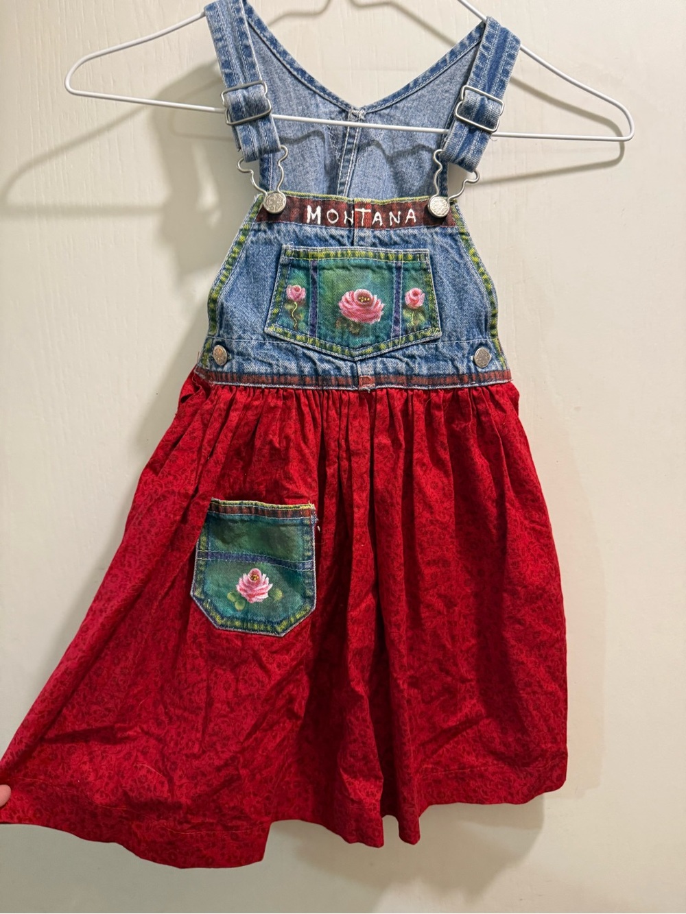 Montana AOshKosh B'gosh Red Skirt Denim-Top Overall Dress with Floral Embroidery
